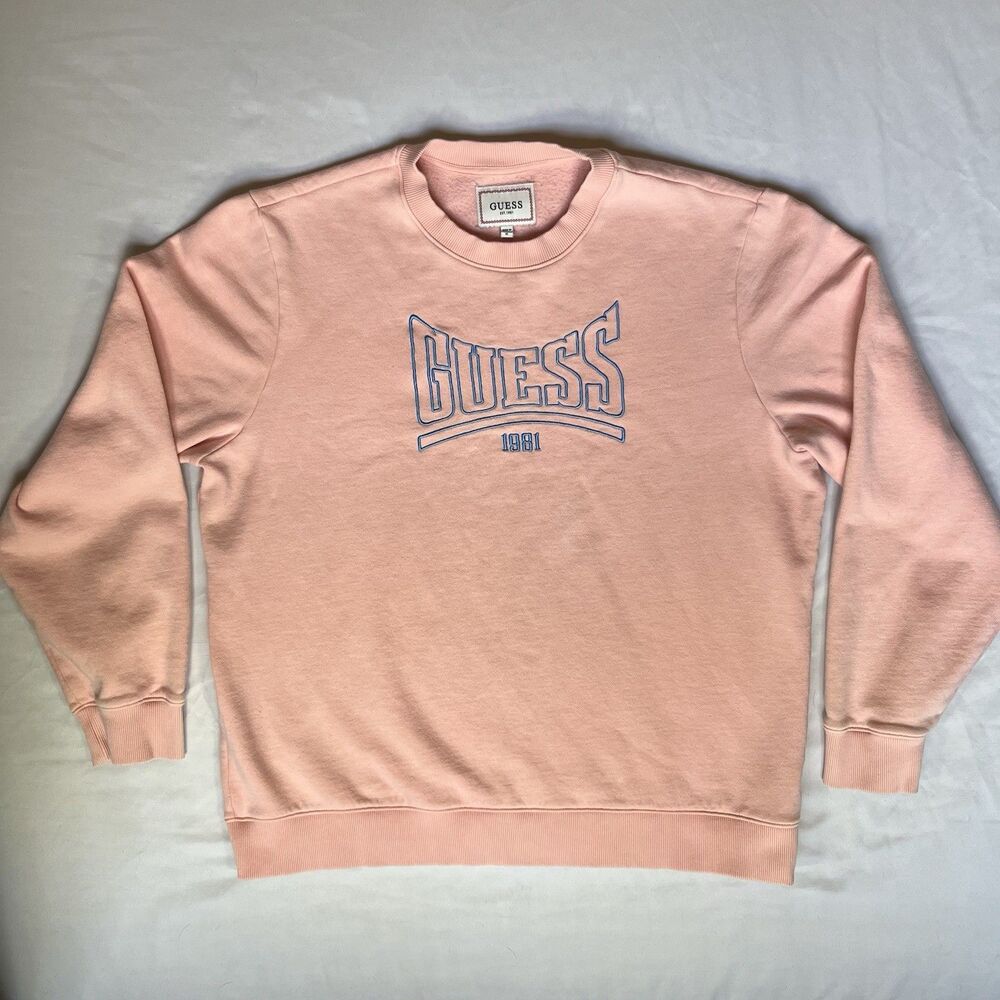 GUESS Est 1981 Men XL Pink Crewneck Sweatshirt Embroidered Blue Logo Graphic